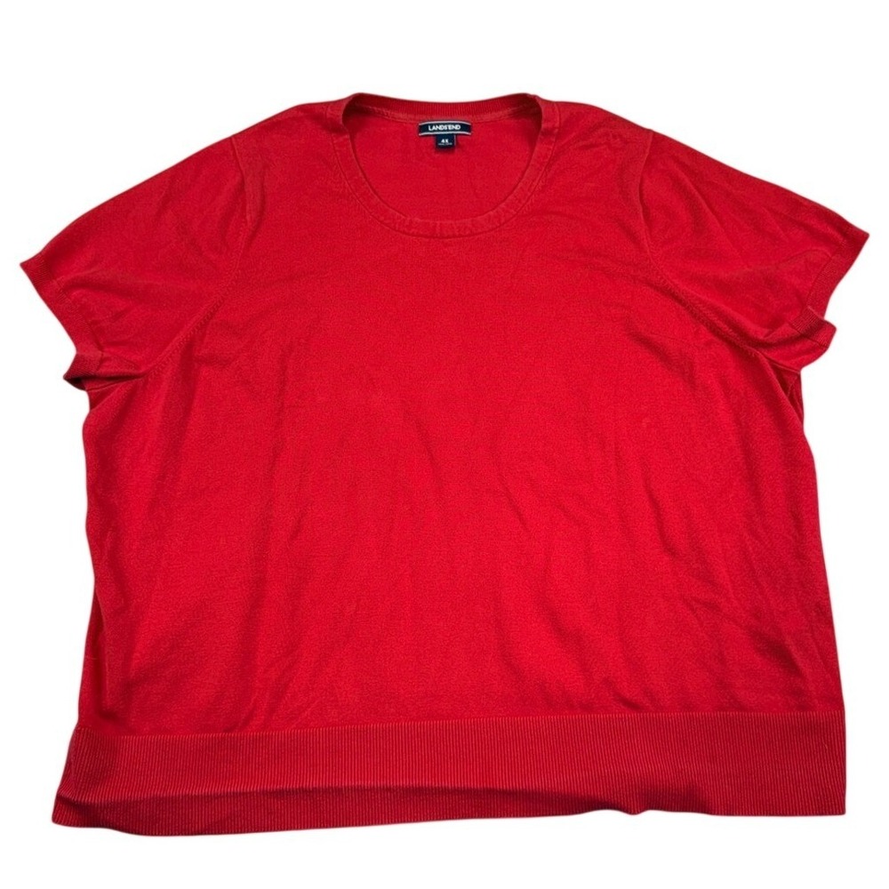 Lands End Womens 4X Red Cotton Blend Short‎ Sleeve Crewneck Ribbed Hem Sweater